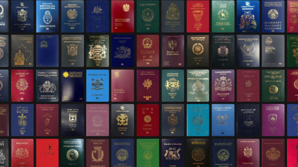 A collage of various international passports displayed in a grid, showcasing different designs, colors, and emblems.