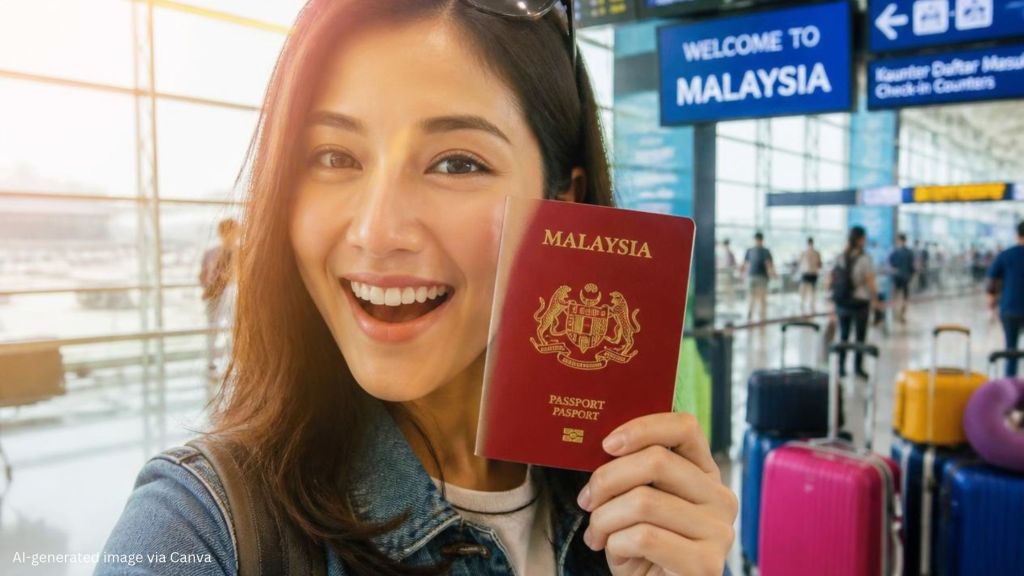 A young woman smiling and holding a Malaysian passport in an airport with a 'Welcome to Malaysia' sign in the background.